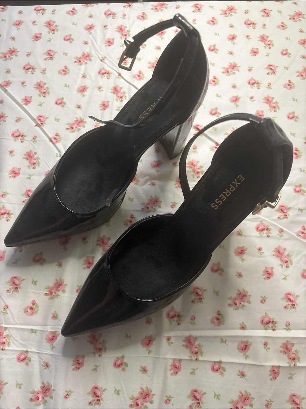 Express Black Patent Pointed-Toe Ankle-Strap Heels - Picture 2 of 4